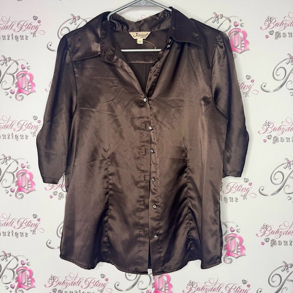 Jessica shirt button down diamond crystals buttons puff Brown Satin Women's Top